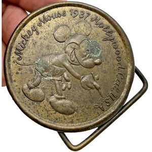 Vtg 1937 Mickey Mouse Brass Belt Buckle Hollywood Cal. U.S.A. Tiffany on 3rd Pic